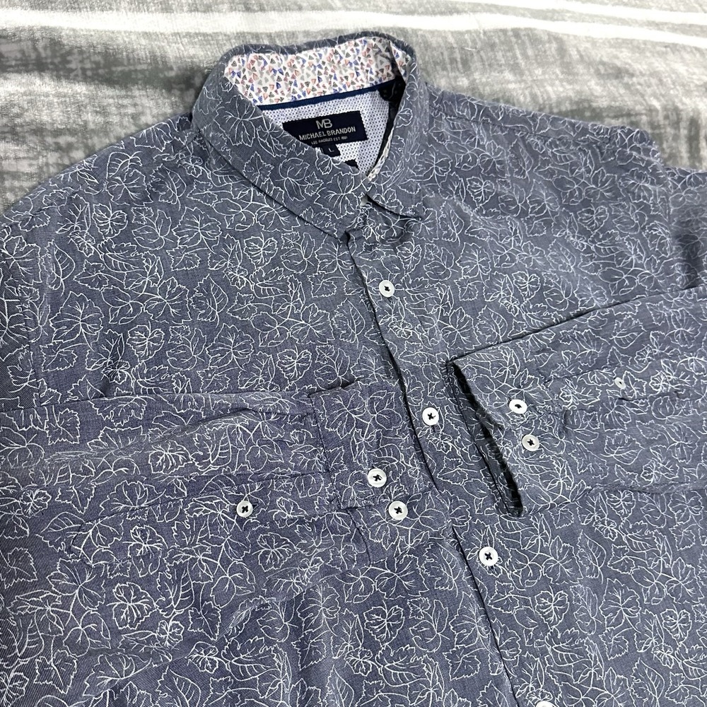 Striking Gray Leaves Dress Shirt Size L‎ Men Slim Fit Michael Brandon LA